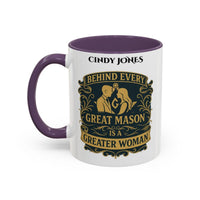 Premium Personalised Freemason Colour Rim Mug - Ladies Night Design - Behind Every Great Mason is a Greater Woman - Masonic Mugs