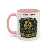 Premium Personalised Freemason Colour Rim Mug - Ladies Night Design - Behind Every Great Mason is a Greater Woman - Masonic Mugs
