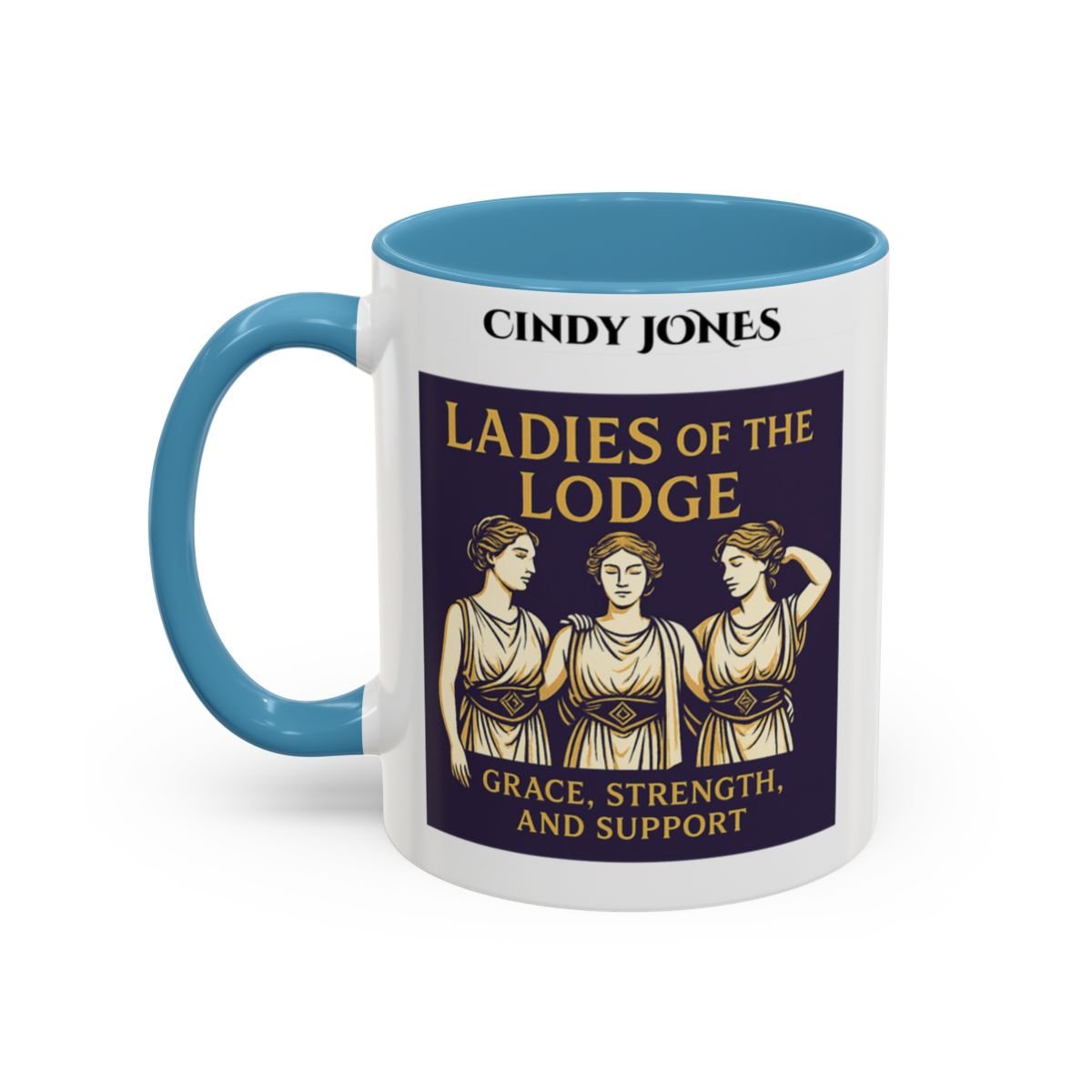 Premium Personalised Freemason Colour Rim Mug - Ladies Night Design - Grace Strength and Support - Masonic Mugs