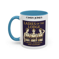 Premium Personalised Freemason Colour Rim Mug - Ladies Night Design - Grace Strength and Support - Masonic Mugs