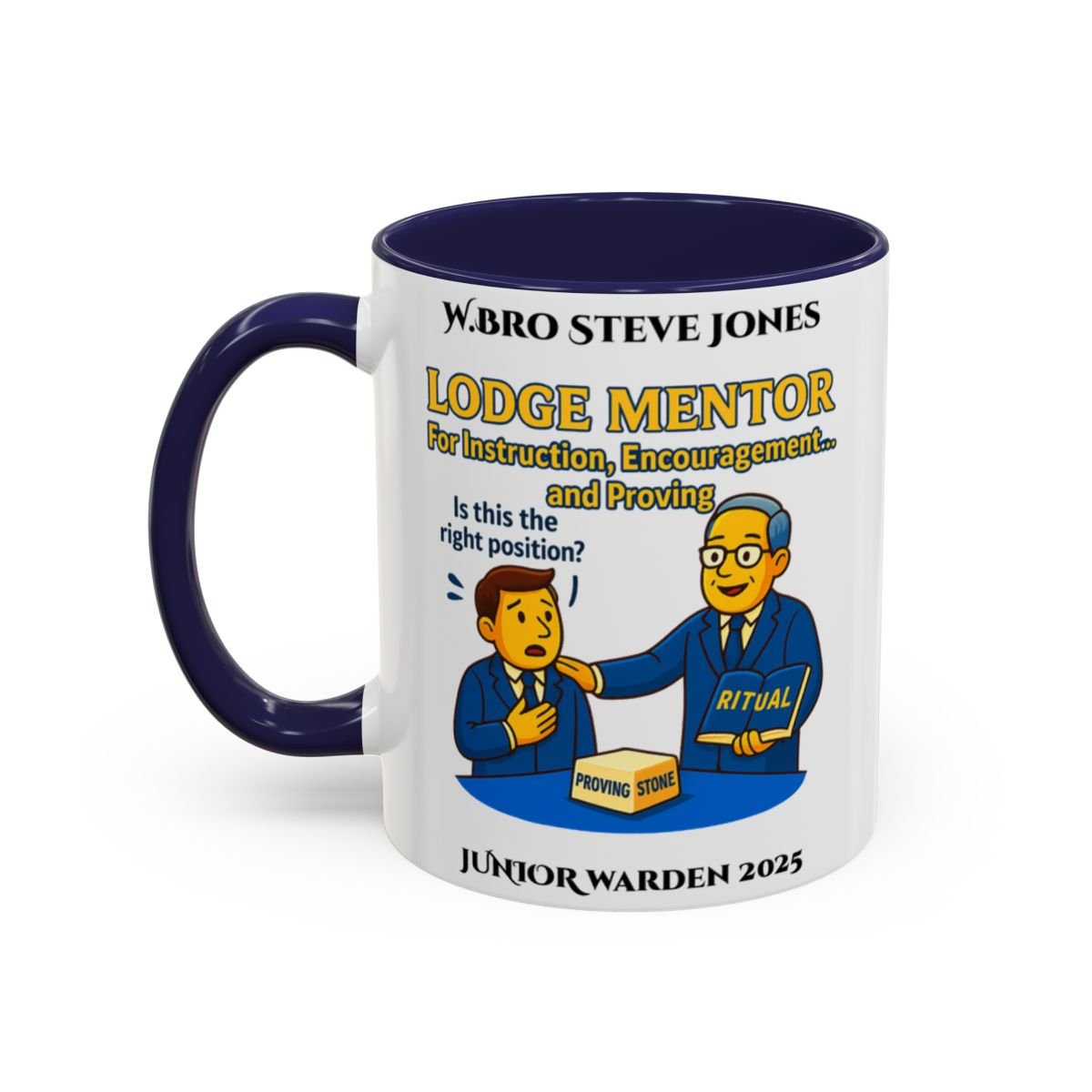 Premium Personalised Freemason Colour Rim Mug - Lodge Mentor Design - For instruction, encouragement and proving - Masonic Mugs