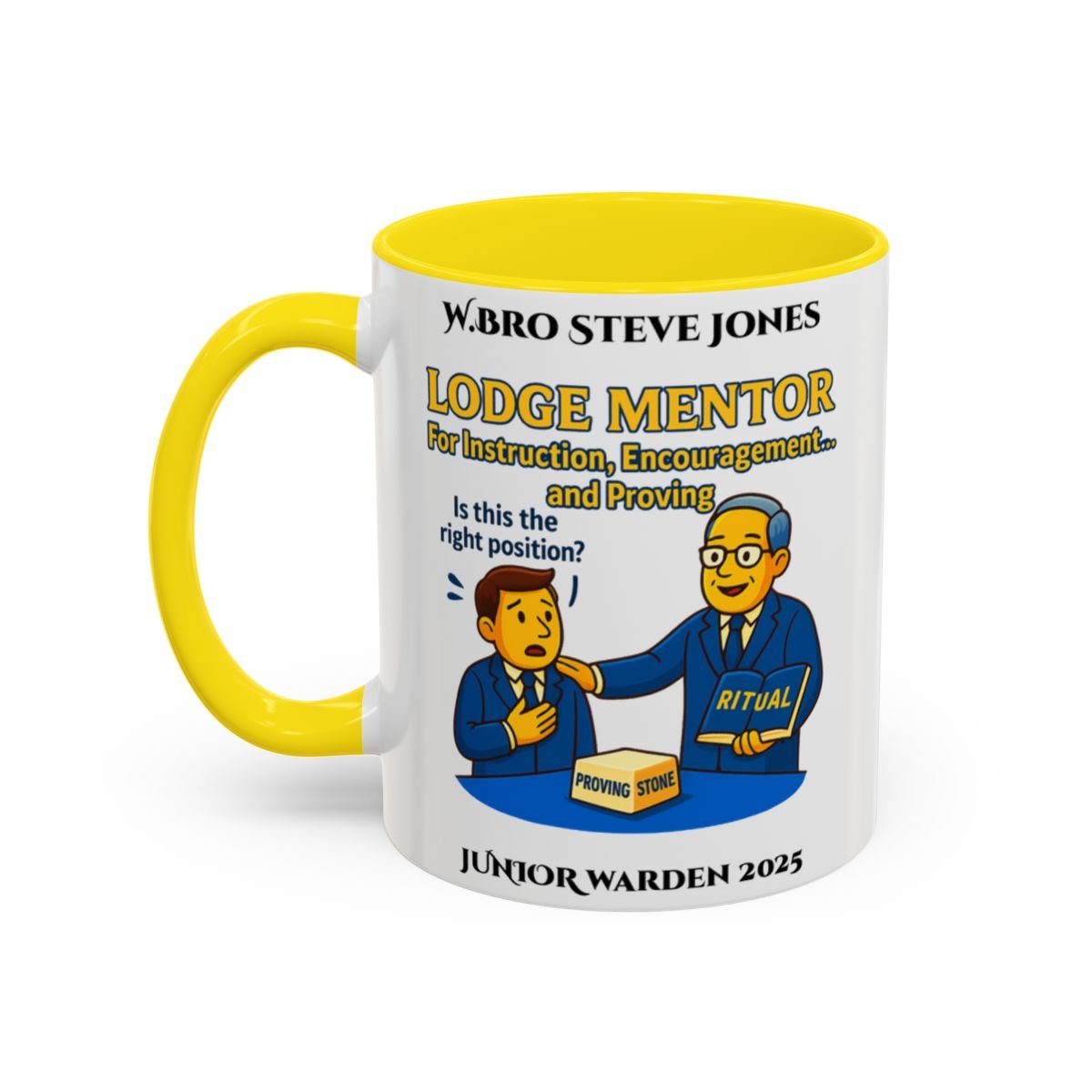 Premium Personalised Freemason Colour Rim Mug - Lodge Mentor Design - For instruction, encouragement and proving - Masonic Mugs