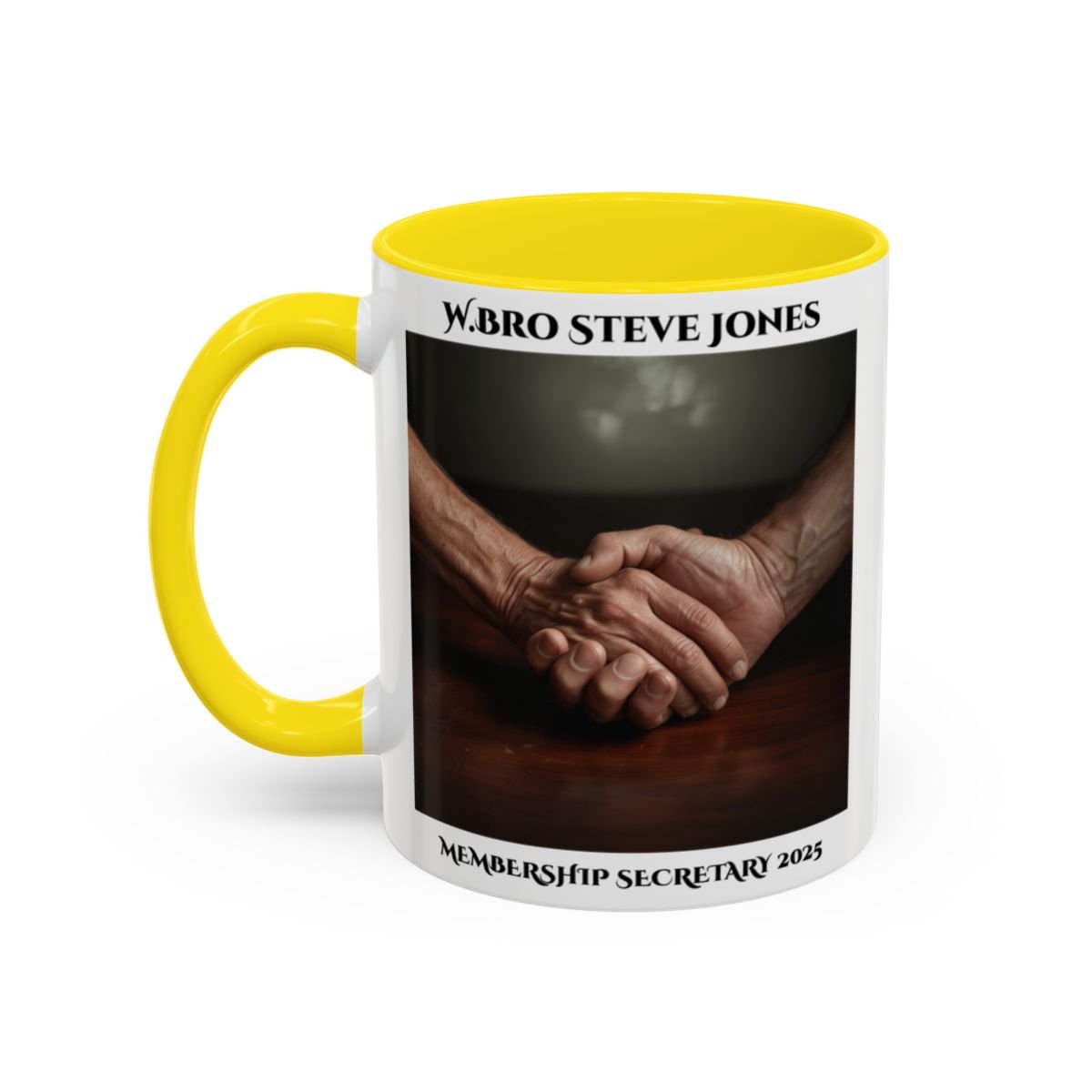 Premium Personalised Freemason Colour Rim Mug - Membership Officer Design Hand shake - Masonic Mugs