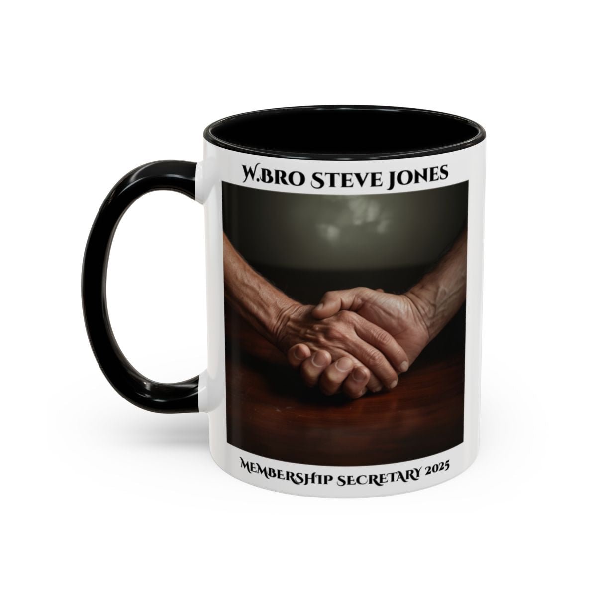 Premium Personalised Freemason Colour Rim Mug - Membership Officer Design Hand shake - Masonic Mugs