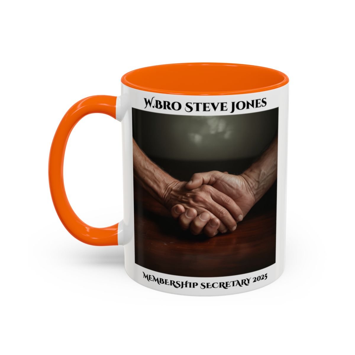 Premium Personalised Freemason Colour Rim Mug - Membership Officer Design Hand shake - Masonic Mugs