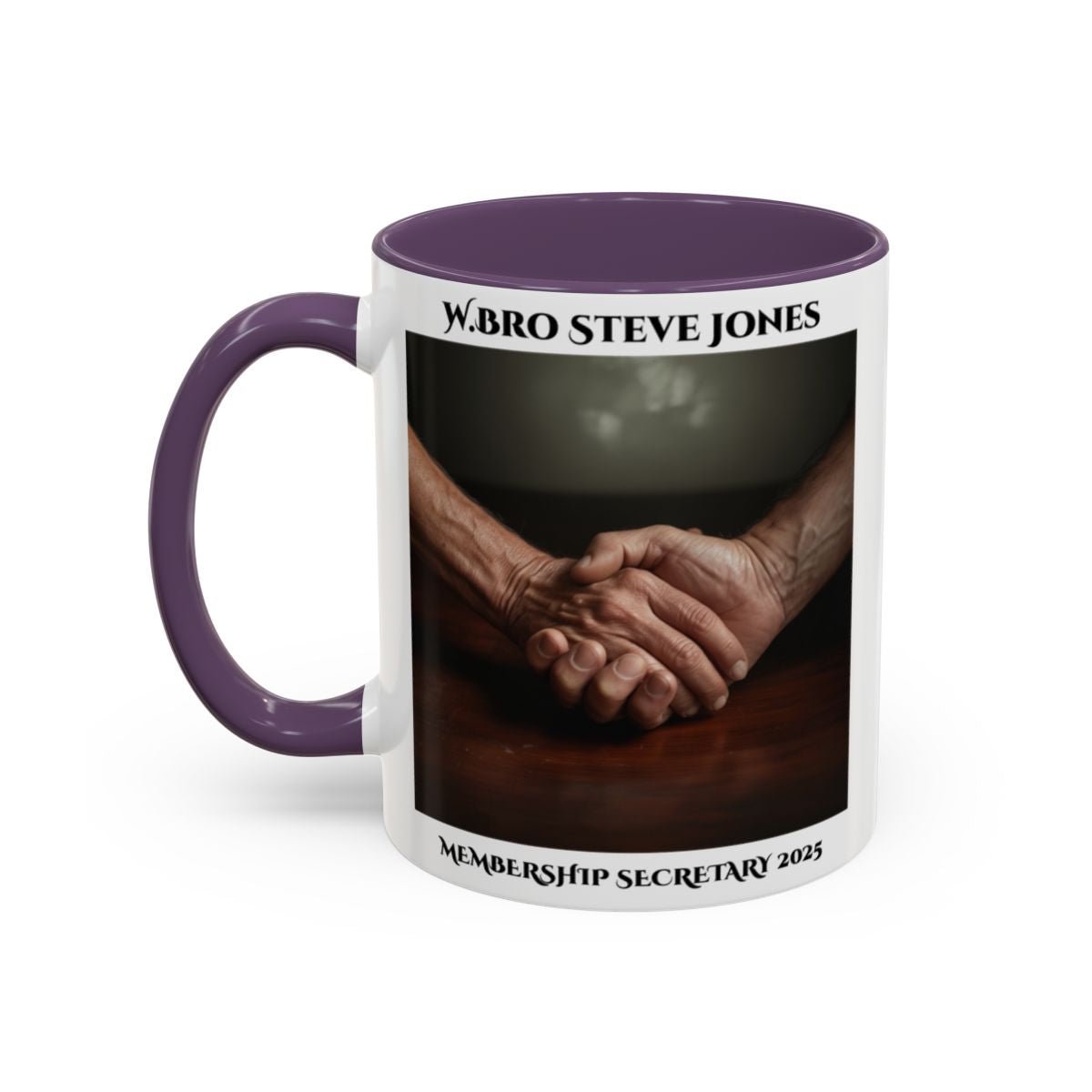 Premium Personalised Freemason Colour Rim Mug - Membership Officer Design Hand shake - Masonic Mugs