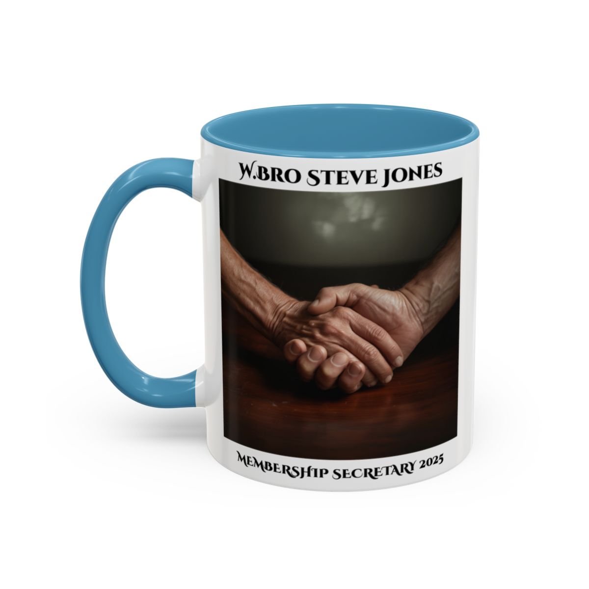 Premium Personalised Freemason Colour Rim Mug - Membership Officer Design Hand shake - Masonic Mugs