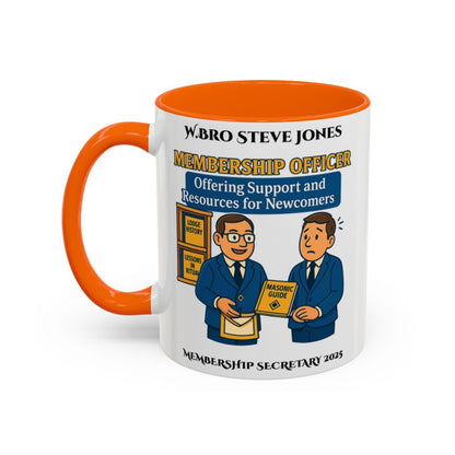 Premium Personalised Freemason Colour Rim Mug - Membership Officer Design Offering support and resources for newcomers - Masonic Mugs