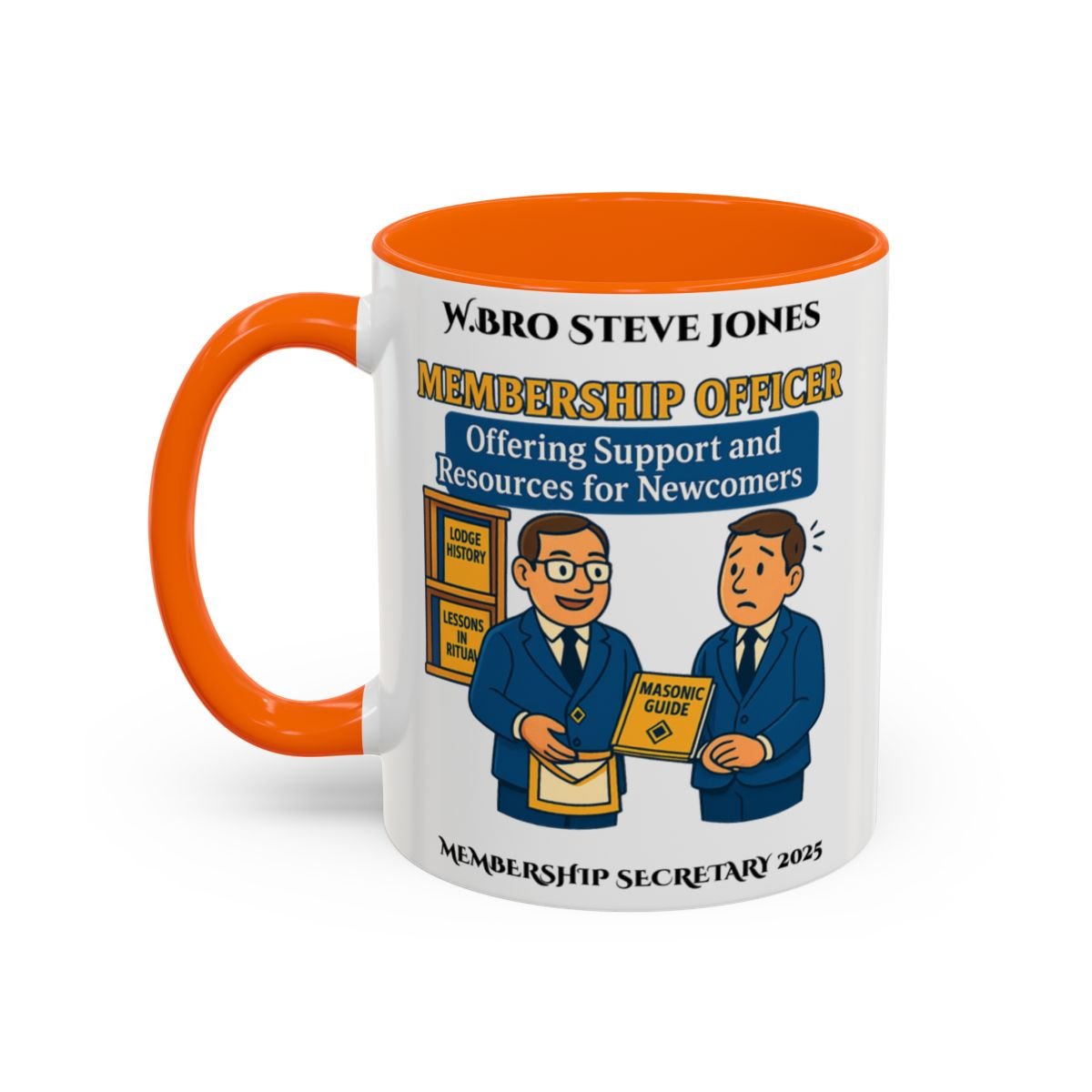 Premium Personalised Freemason Colour Rim Mug - Membership Officer Design Offering support and resources for newcomers - Masonic Mugs