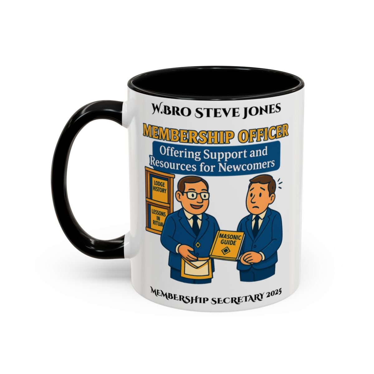 Premium Personalised Freemason Colour Rim Mug - Membership Officer Design Offering support and resources for newcomers - Masonic Mugs