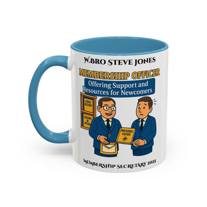 Premium Personalised Freemason Colour Rim Mug - Membership Officer Design Offering support and resources for newcomers - Masonic Mugs