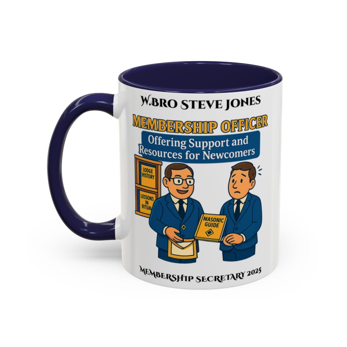 Premium Personalised Freemason Colour Rim Mug - Membership Officer Design Offering support and resources for newcomers - Masonic Mugs