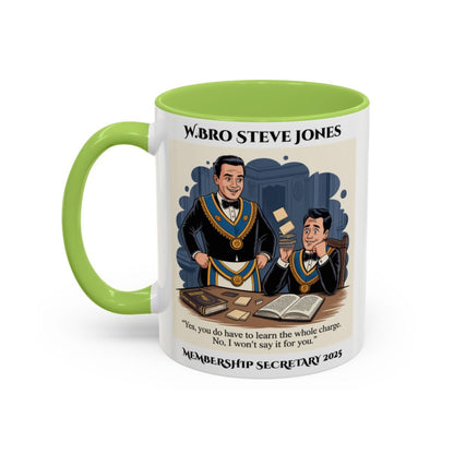 Premium Personalised Freemason Colour Rim Mug - Membership Officer Design - Yes you do have to learn the whole charge - Masonic Mugs