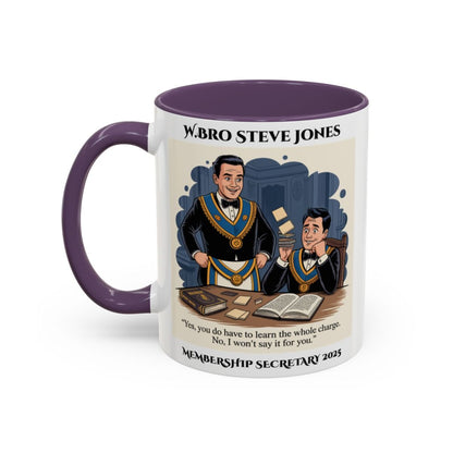 Premium Personalised Freemason Colour Rim Mug - Membership Officer Design - Yes you do have to learn the whole charge - Masonic Mugs