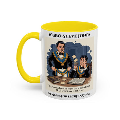 Premium Personalised Freemason Colour Rim Mug - Membership Officer Design - Yes you do have to learn the whole charge - Masonic Mugs