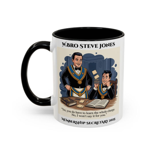 Premium Personalised Freemason Colour Rim Mug - Membership Officer Design - Yes you do have to learn the whole charge - Masonic Mugs
