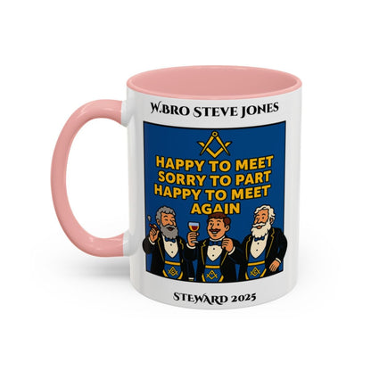 Premium Personalised Freemason Colour Rim Mug - Meme - Happy to meet, Sorry to Part, Happy to Meet again - Masonic Mugs
