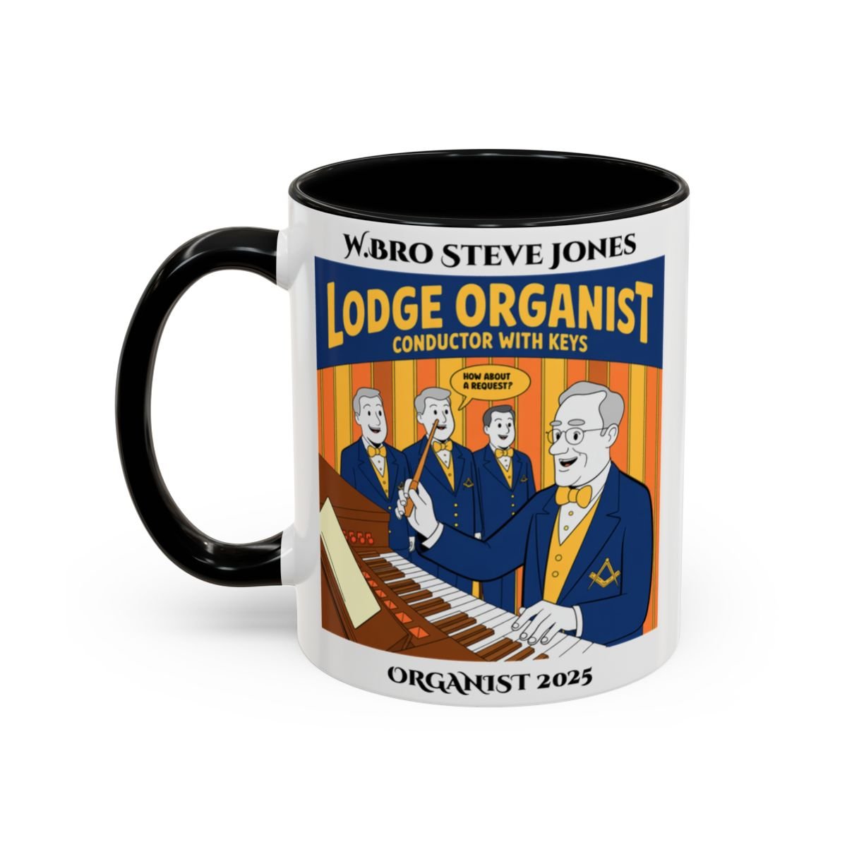 Premium Personalised Freemason Colour Rim Mug - Organist Design - Conductor with keys - Masonic Mugs