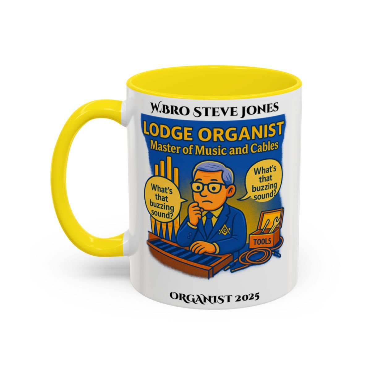 Premium Personalised Freemason Colour Rim Mug - Organist Design - Master of the Music and cables - Masonic Mugs