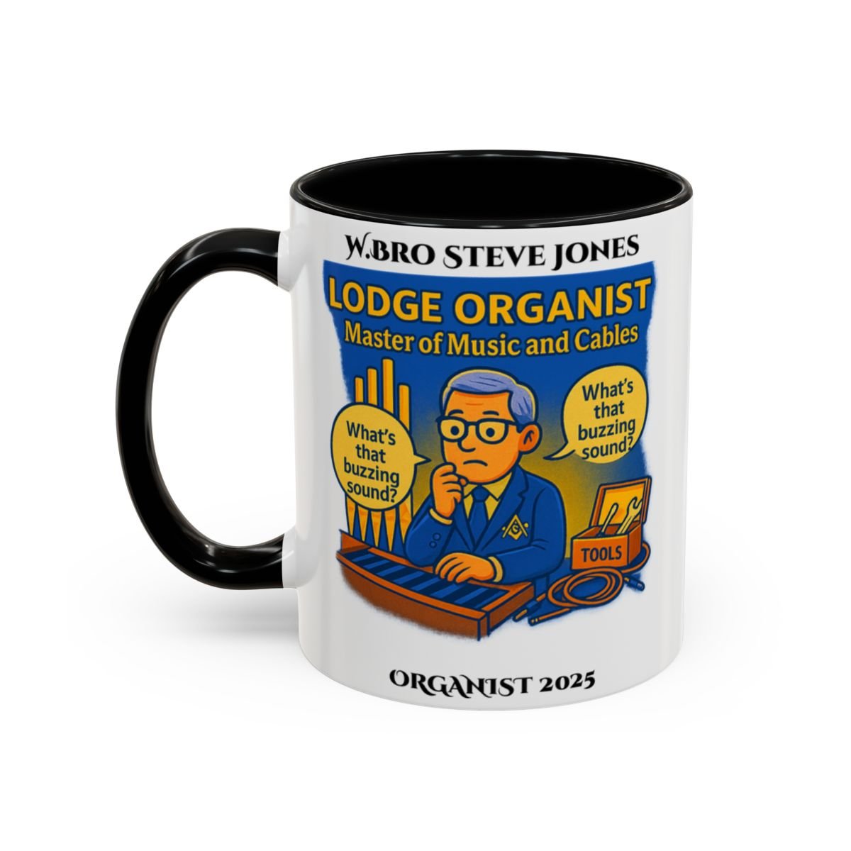 Premium Personalised Freemason Colour Rim Mug - Organist Design - Master of the Music and cables - Masonic Mugs