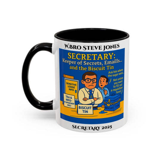 Premium Personalised Freemason Colour Rim Mug - Secretary Design - Keeper of the Secrets and Biscuit tin - Masonic Mugs