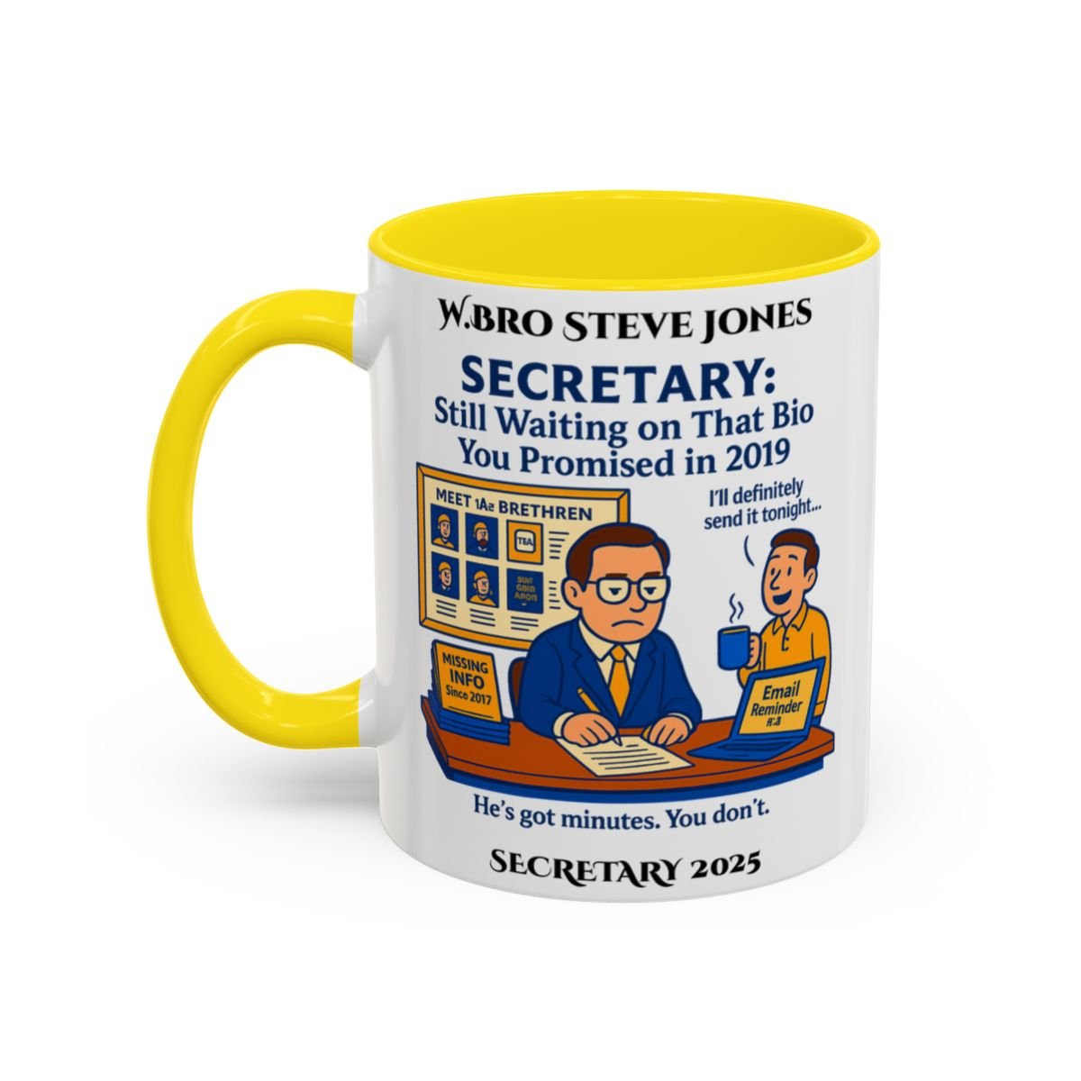 Premium Personalised Freemason Colour Rim Mug - Secretary Design - Still waiting... - Masonic Mugs