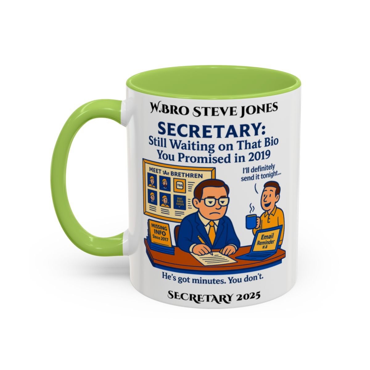 Premium Personalised Freemason Colour Rim Mug - Secretary Design - Still waiting... - Masonic Mugs