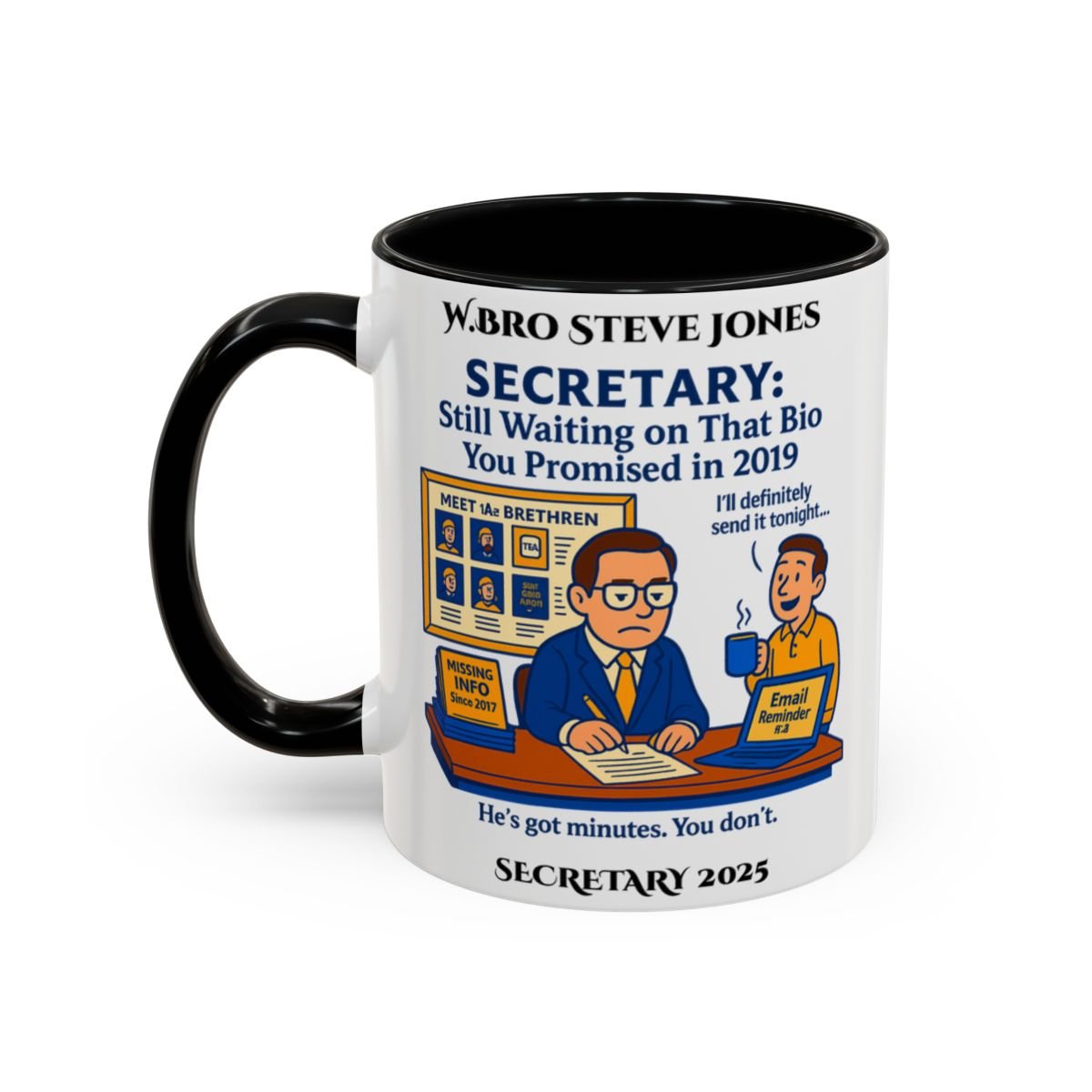 Premium Personalised Freemason Colour Rim Mug - Secretary Design - Still waiting... - Masonic Mugs