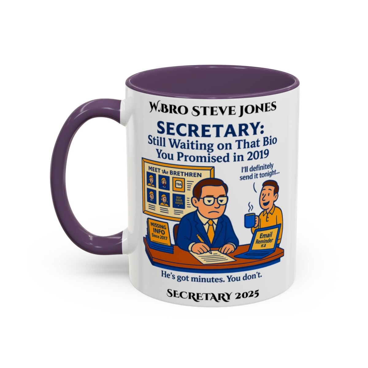 Premium Personalised Freemason Colour Rim Mug - Secretary Design - Still waiting... - Masonic Mugs