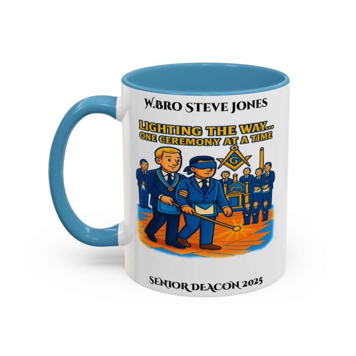 Premium Personalised Freemason Colour Rim Mug - Senior Deacon Design - Lighting the way one ceremony at a time - Masonic Mugs