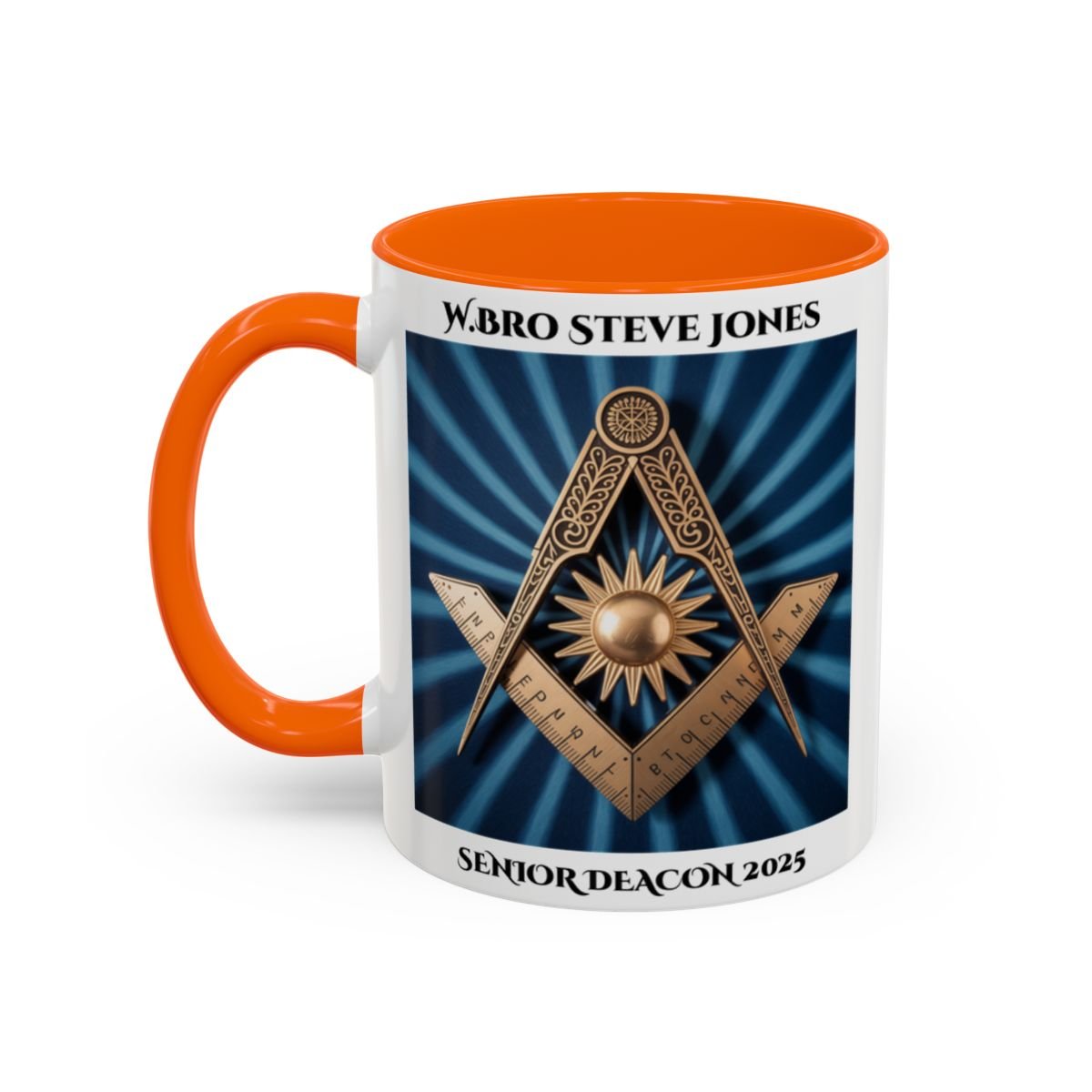 Premium Personalised Freemason Colour Rim Mug - Senior Deacon Design - Square and Compass and Sun, - Masonic Mugs