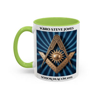 Premium Personalised Freemason Colour Rim Mug - Senior Deacon Design - Square and Compass and Sun, - Masonic Mugs