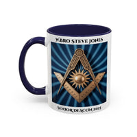 Premium Personalised Freemason Colour Rim Mug - Senior Deacon Design - Square and Compass and Sun, - Masonic Mugs