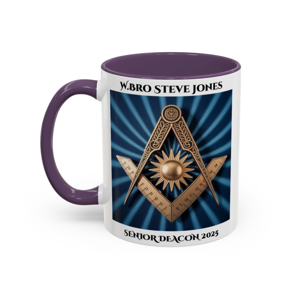 Premium Personalised Freemason Colour Rim Mug - Senior Deacon Design - Square and Compass and Sun, - Masonic Mugs