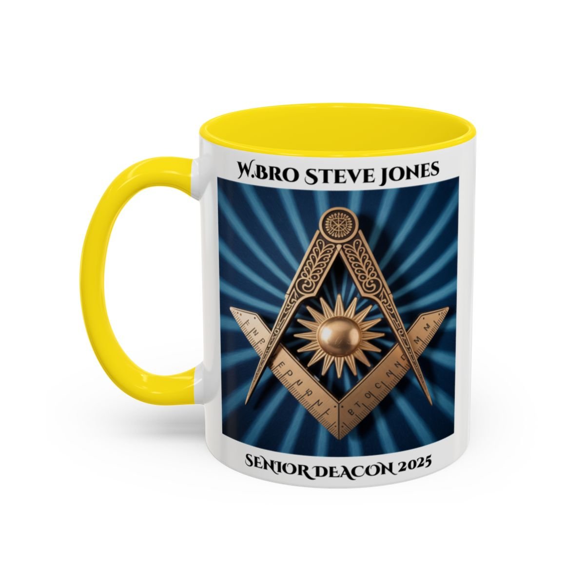 Premium Personalised Freemason Colour Rim Mug - Senior Deacon Design - Square and Compass and Sun, - Masonic Mugs