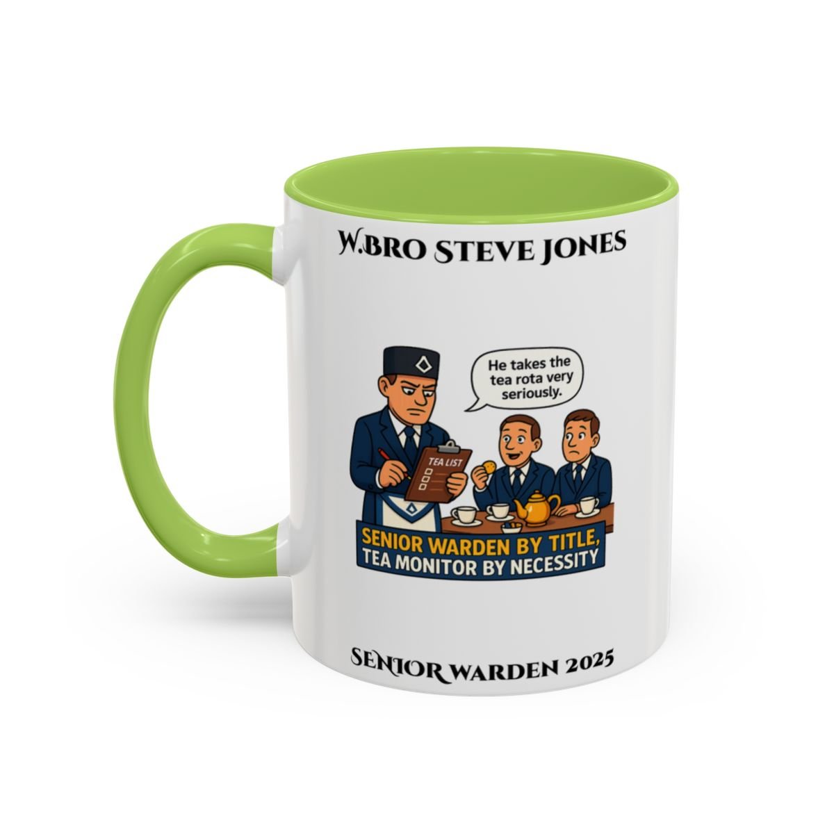 Premium Personalised Freemason Colour Rim Mug - Senior Warden Design - By Tiltle, Tea Monitor by Necessity - Masonic Mugs