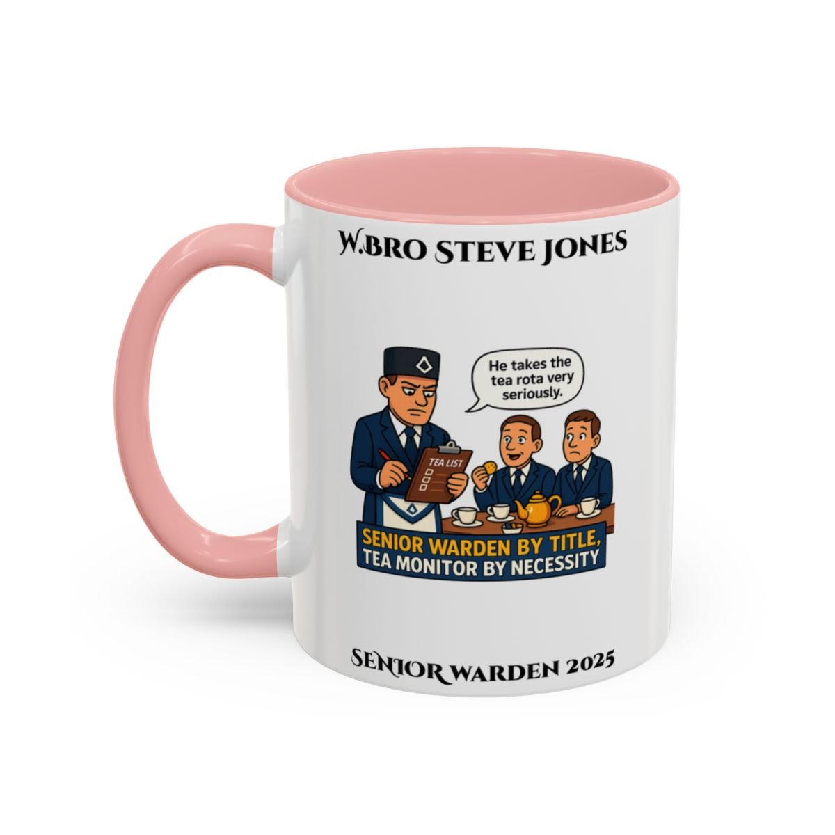 Premium Personalised Freemason Colour Rim Mug - Senior Warden Design - By Tiltle, Tea Monitor by Necessity - Masonic Mugs
