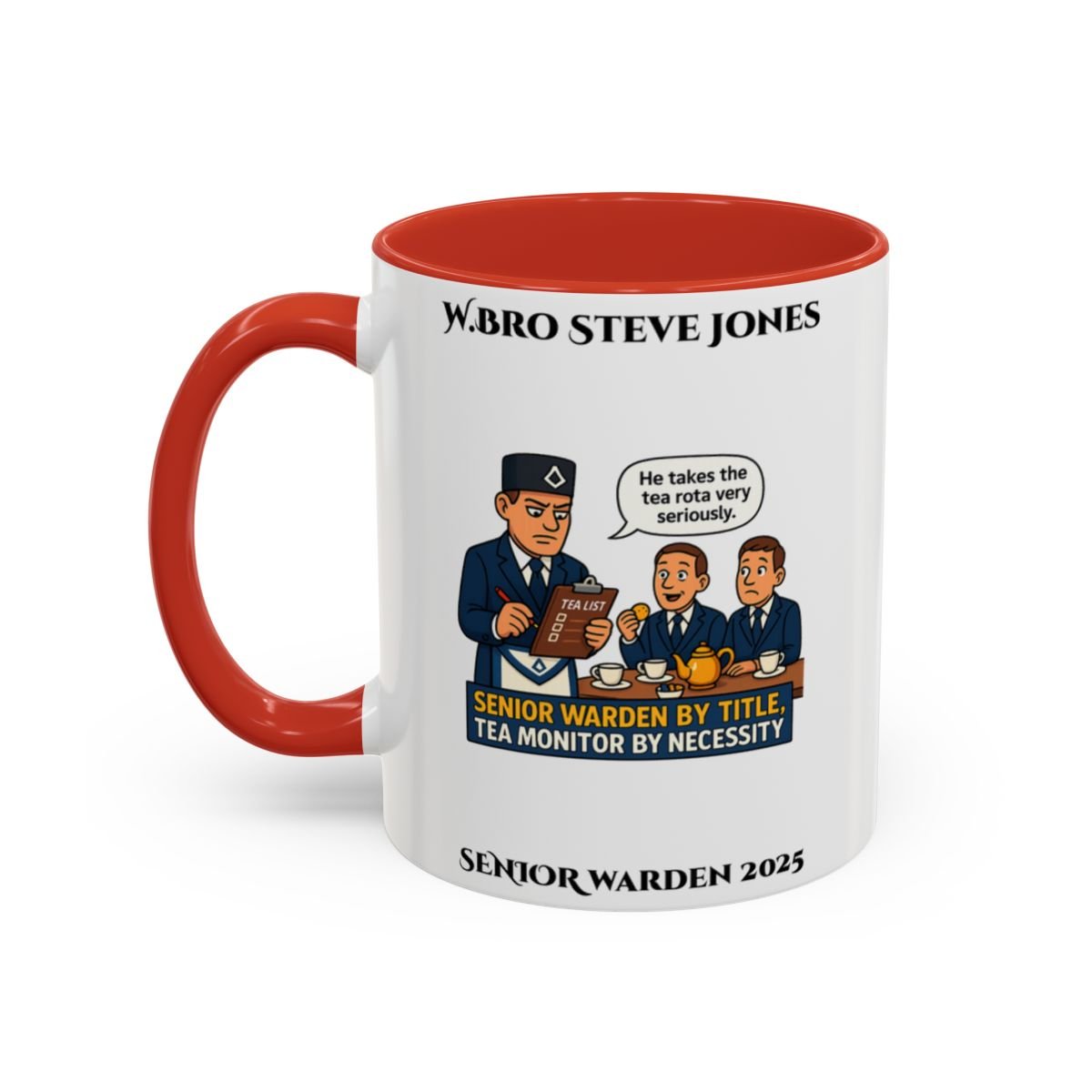 Premium Personalised Freemason Colour Rim Mug - Senior Warden Design - By Tiltle, Tea Monitor by Necessity - Masonic Mugs