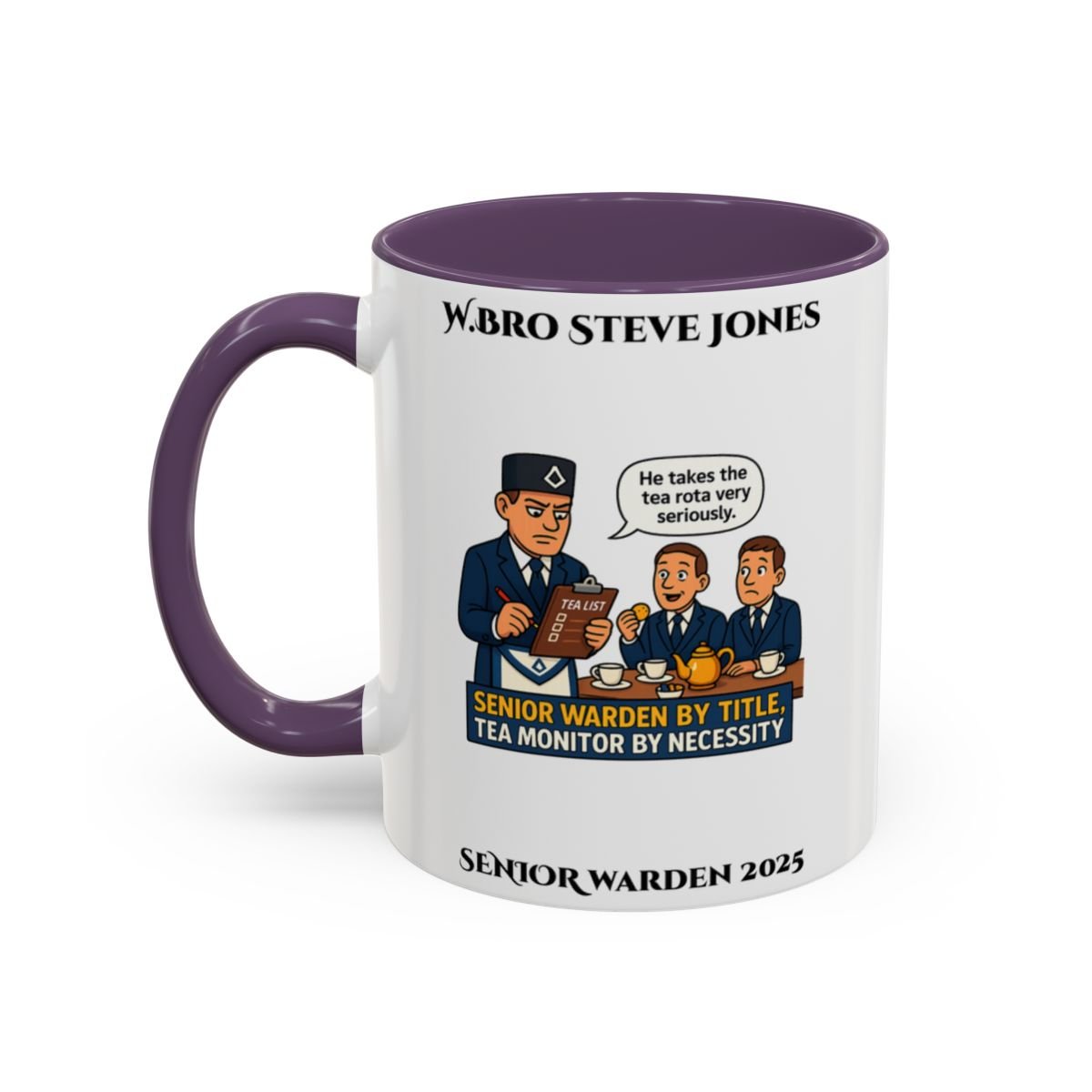 Premium Personalised Freemason Colour Rim Mug - Senior Warden Design - By Tiltle, Tea Monitor by Necessity - Masonic Mugs