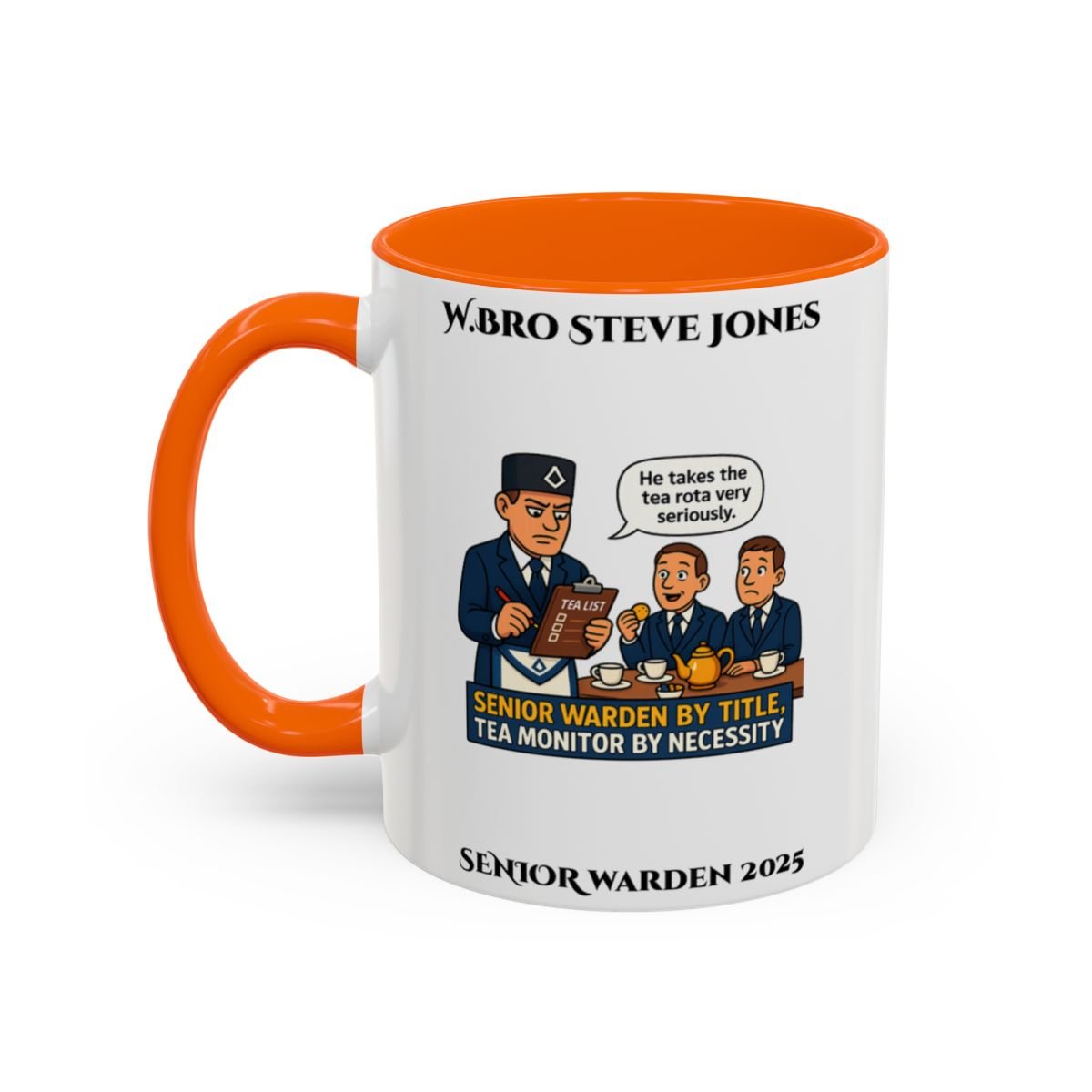 Premium Personalised Freemason Colour Rim Mug - Senior Warden Design - By Tiltle, Tea Monitor by Necessity - Masonic Mugs