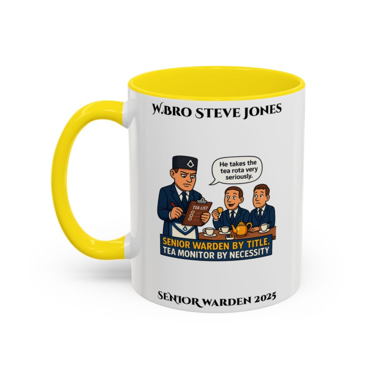 Premium Personalised Freemason Colour Rim Mug - Senior Warden Design - By Tiltle, Tea Monitor by Necessity - Masonic Mugs