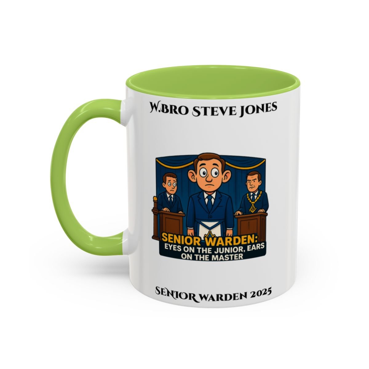Premium Personalised Freemason Colour Rim Mug - Senior Warden Design - Ears on the Master - Masonic Mugs