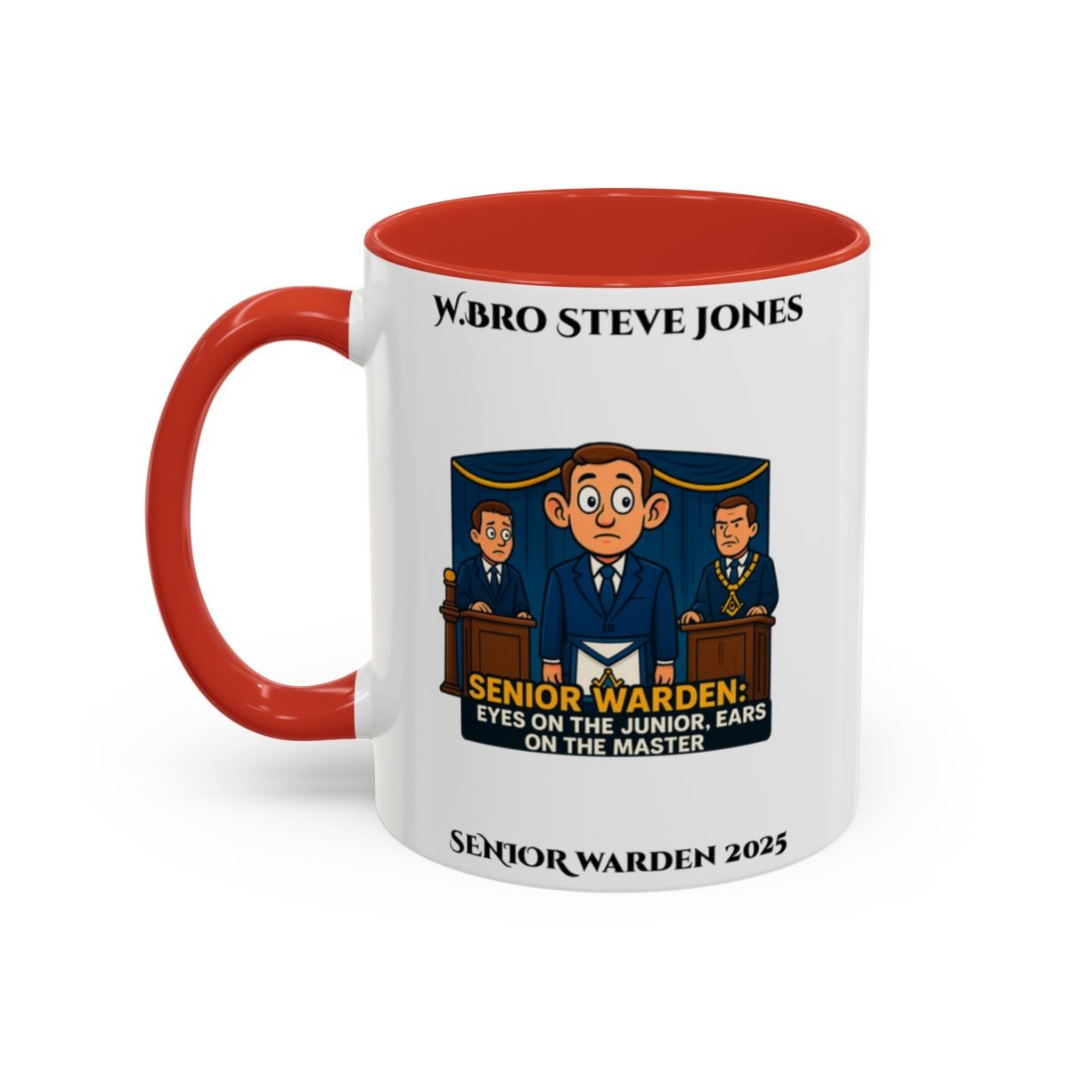 Premium Personalised Freemason Colour Rim Mug - Senior Warden Design - Ears on the Master - Masonic Mugs