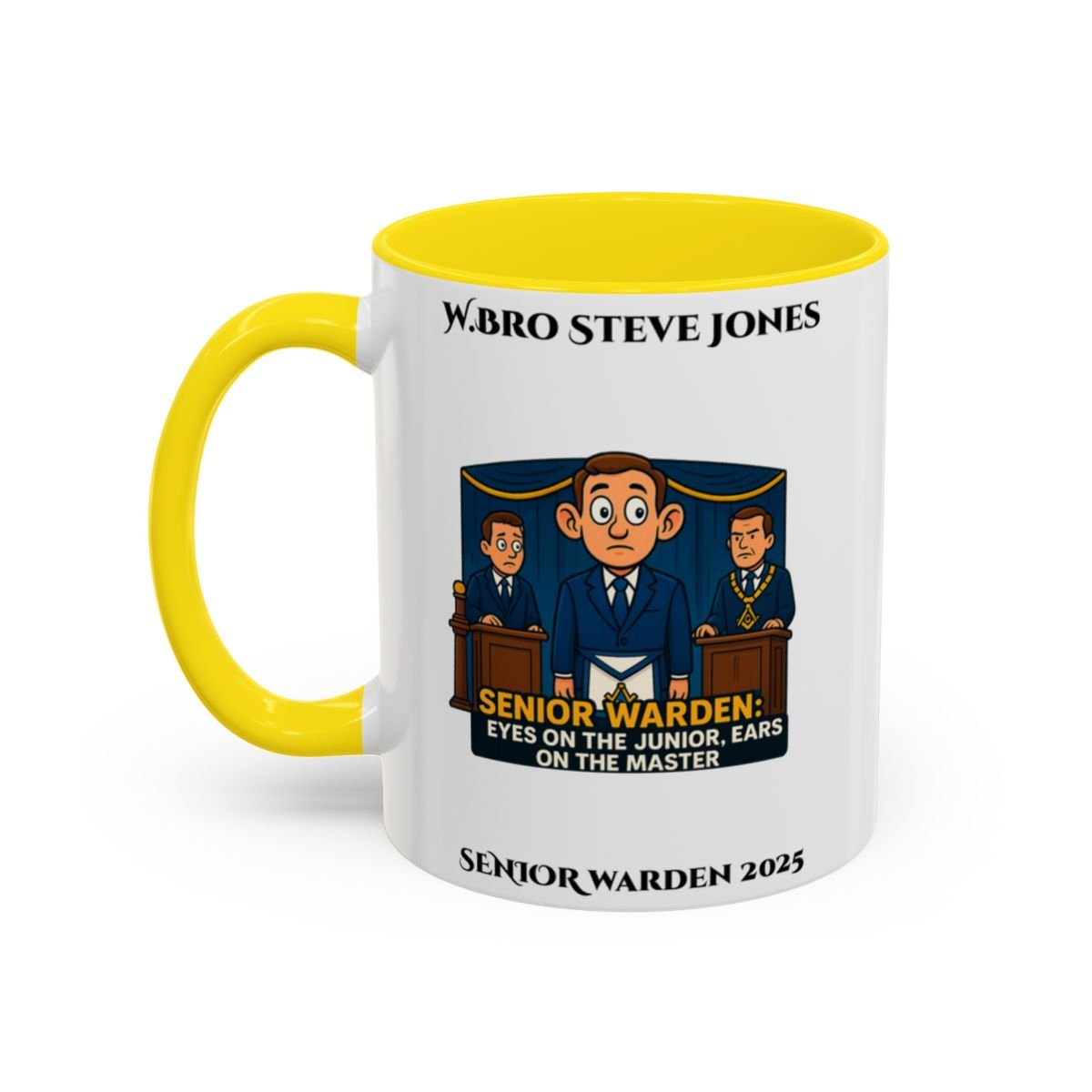 Premium Personalised Freemason Colour Rim Mug - Senior Warden Design - Ears on the Master - Masonic Mugs