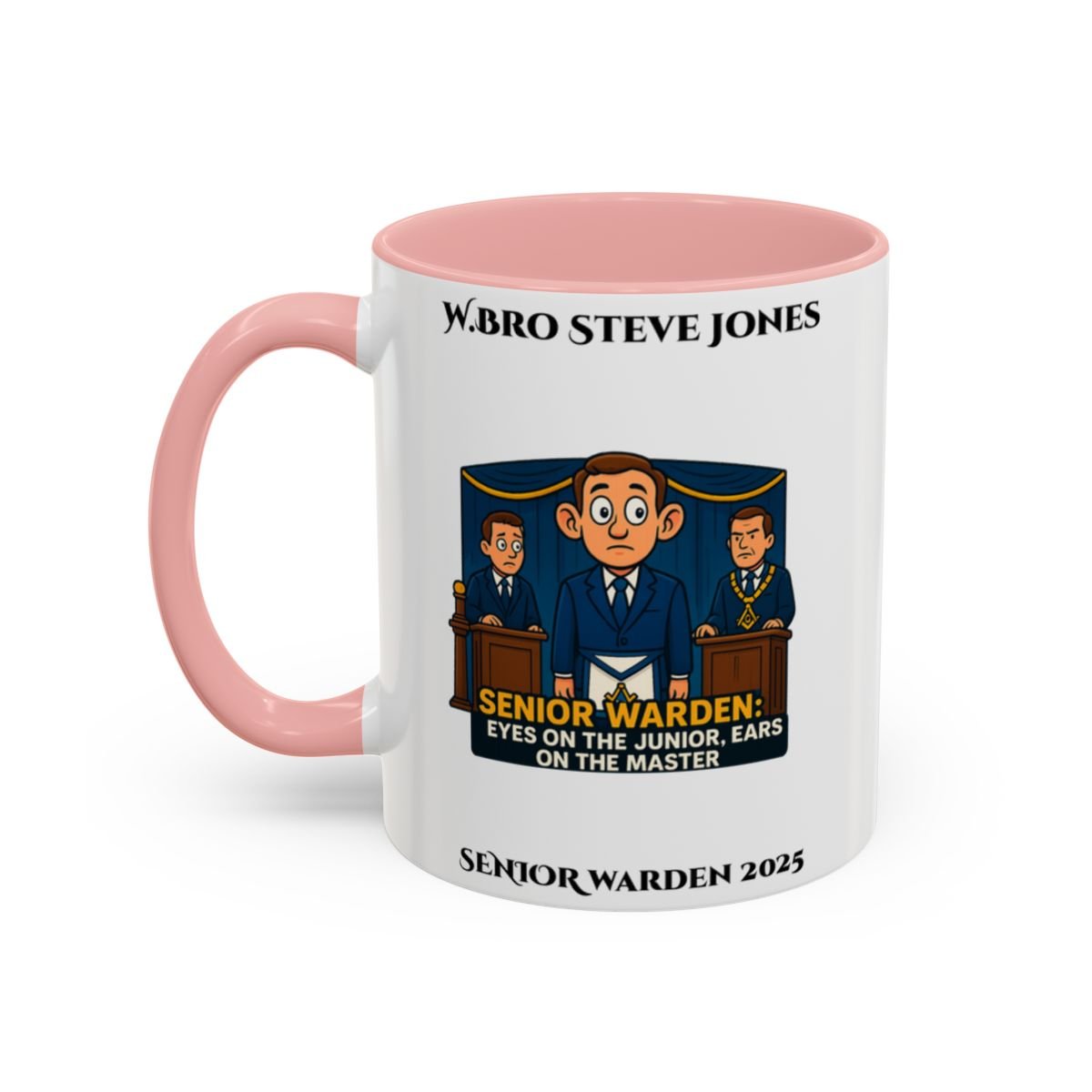 Premium Personalised Freemason Colour Rim Mug - Senior Warden Design - Ears on the Master - Masonic Mugs