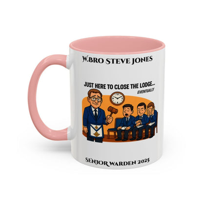Premium Personalised Freemason Colour Rim Mug - Senior Warden Design - Here to close the lodge eventually - Masonic Mugs