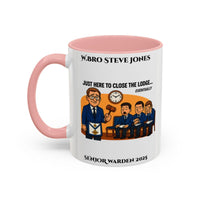 Premium Personalised Freemason Colour Rim Mug - Senior Warden Design - Here to close the lodge eventually - Masonic Mugs