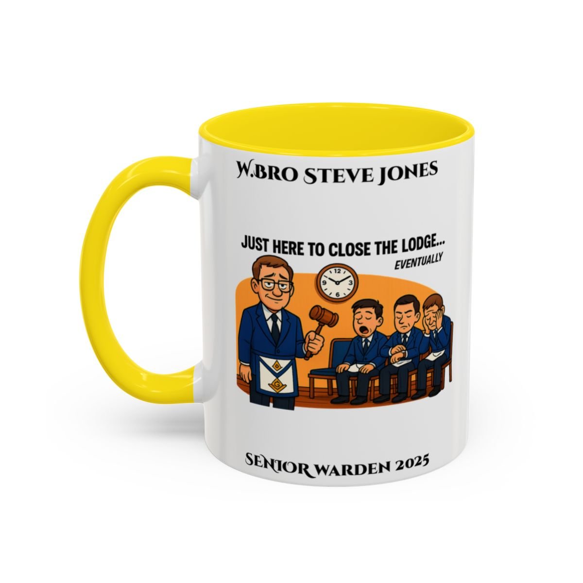 Premium Personalised Freemason Colour Rim Mug - Senior Warden Design - Here to close the lodge eventually - Masonic Mugs