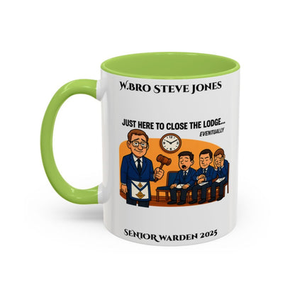 Premium Personalised Freemason Colour Rim Mug - Senior Warden Design - Here to close the lodge eventually - Masonic Mugs