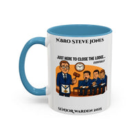 Premium Personalised Freemason Colour Rim Mug - Senior Warden Design - Here to close the lodge eventually - Masonic Mugs